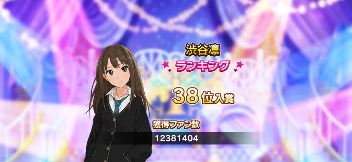 SHl0N_'s tweet photo. デレステ渋谷凛ランキング38位！
Grandファン活編成を毎日オートチケ分ぶん回すだけでこんな上位に入れるんだなぁ… https://t.co/WLkhGMHOFg