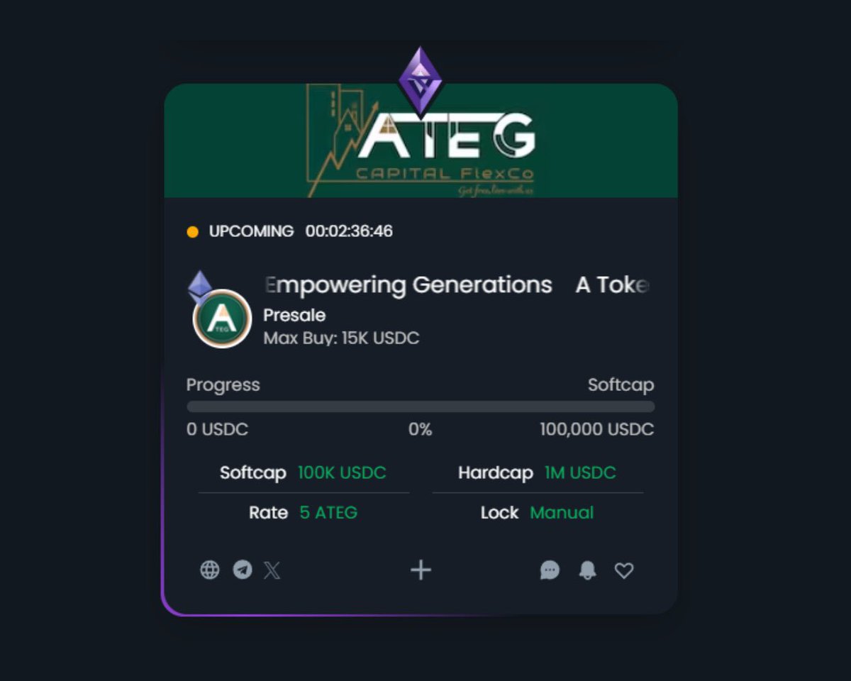 Hey Fam!

$ATEG is officially live on public sale 🚀
Now’s your chance to get in early!

Built on <a href="/ethereum/">Ethereum</a> with a strong vision for real-world assets + blockchain innovation 

Don’t sleep on this one 👀

Join now !
gempad.app/presale/0x4ce0…