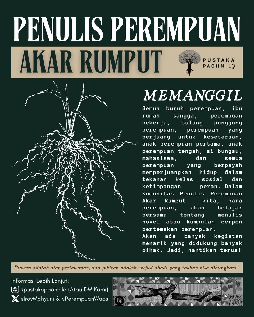 Penulis perempuan mana suaranyaaaaaaa??? Pustaka Paoh Nilo akan mengadakan workshop menulis luring di Jogja pada bulan Maret. Workshop ini berkolaborasi dengan penerbit keren yg peduli pada akar rumput (beneran keren no gimmick inisial M). Kursinya terbatas dan ada proses