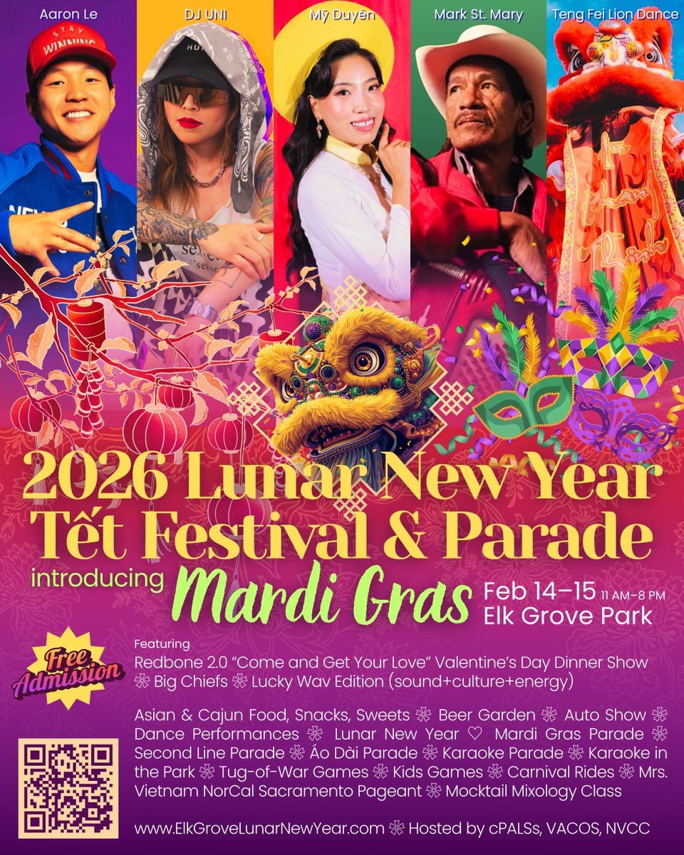 baohouse's tweet photo. #LunarNewYear Tết Festival &amp; Parade ❀ introducing #MardiGras — February 14–15, 2026 at Elk Grove Park in #ElkGrove / #Sacramento in the capital of #California. This is the start of the 3rd generation of #festival organizers. https://t.co/rkLbhQNn4s https://t.co/MIdZzoWvZa