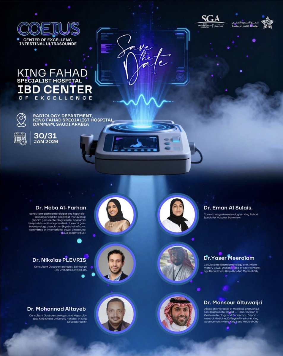 SGA_KSA's tweet photo. A focused, hands-on Intestinal Ultrasound (IUS) educational experience at the IBD Center of Excellence – King Fahad Specialist Hospital, Dammam.

30–31 January 2026
Radiology Department, KFSH-D

Two days of expert-led sessions, practical insights, and hands-on training—designed to translate IUS into real-world IBD practice.

#Saudi_Gastro