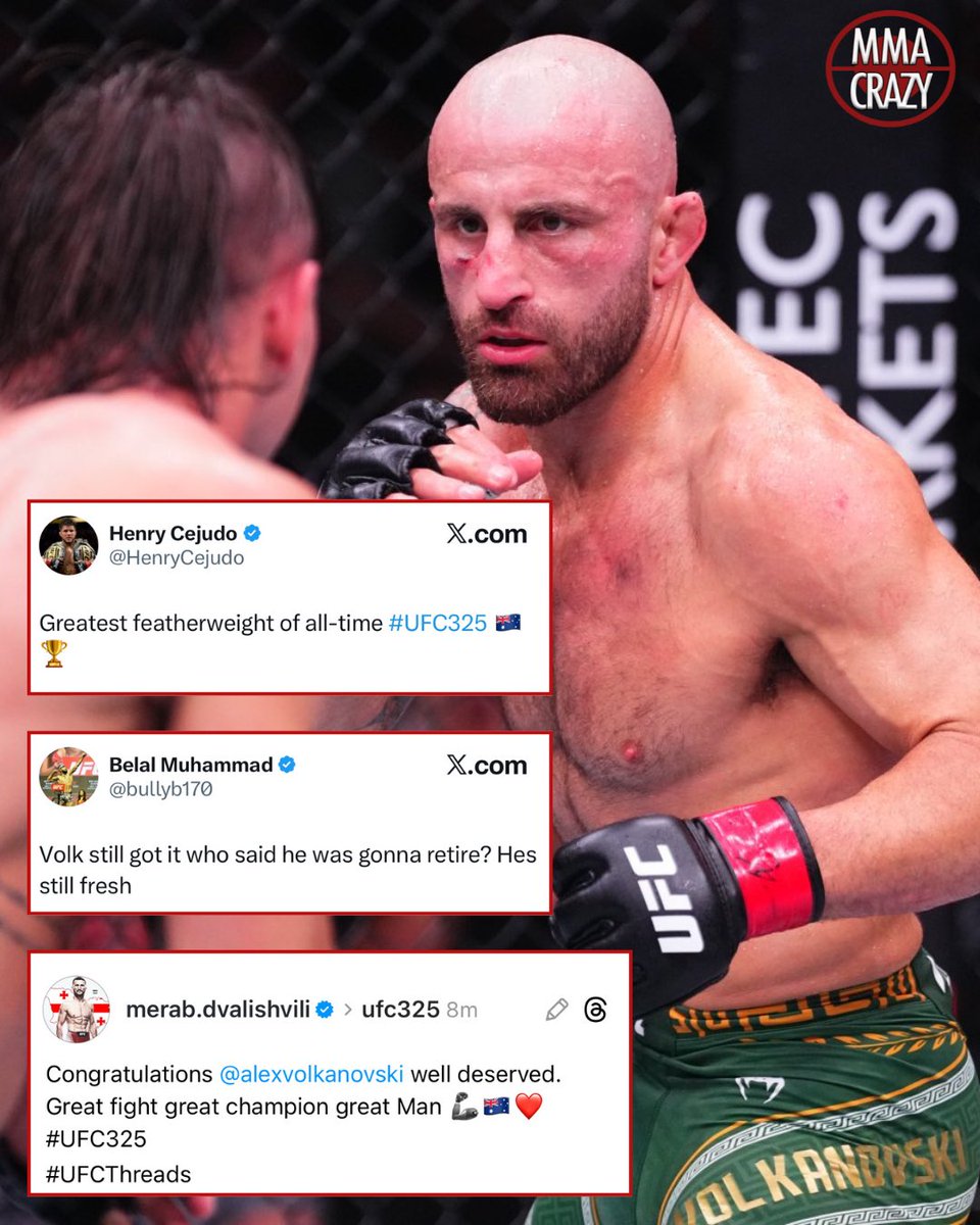 MMACrazy's tweet image. UFC fighters react to Alexander Volkanovski’s championship win over Diego Lopes at #UFC325
