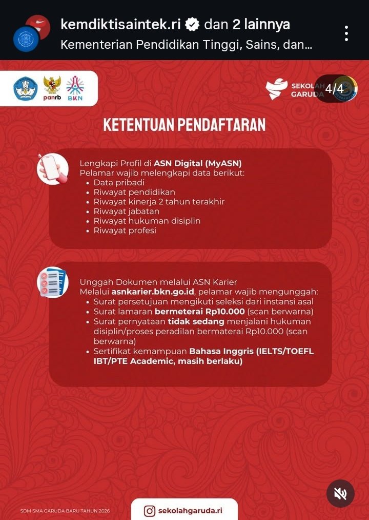 Breaking News 

Sekolah Garuda membuka lowongan MUTASI PNS (<a href="/PNS_Ababil/">Pi en ice Ababil</a>), untuk berdinas di SMA Garuda bentukan <a href="/Kemdiktisaintek/">Kementerian Pendidikan Tinggi, Sains dan Teknologi</a>.
