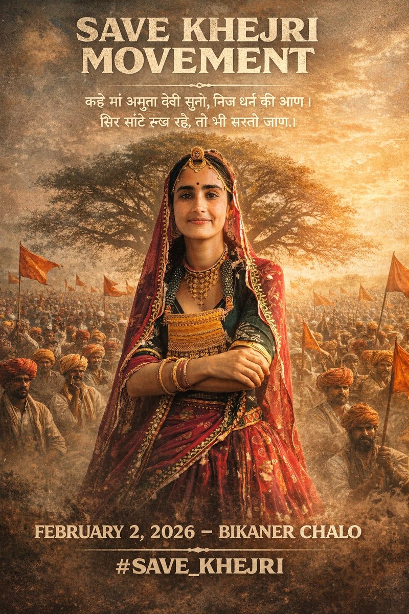 ट्विटर ट्रेंड अलर्ट 📢

📆 दिनांक: 2 फरवरी 2026
⏰ समय: सुबह 11 :00 बजे से
✍️ हैशटैग: 
#खेजड़ी_बचाओ_महापड़ाव

   36 कौम के आह्वान पर

🌳 खेजड़ी की अंधाधुंध कटाई रोकने के लिए
📍 बीकानेर में अनिश्चितकालीन महापड़ाव आयोजित किया जा रहा है।

सभी साथियों से विनम्र निवेदन है कि
इस जन