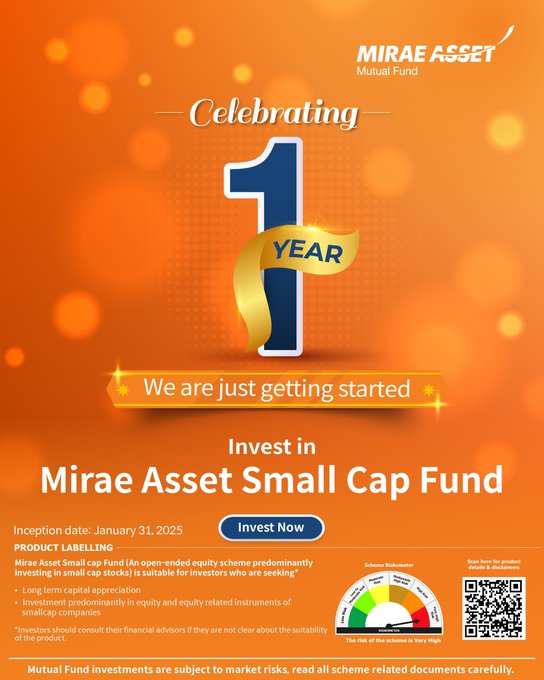 mehtastockjammu's tweet image. Celebrating one year of the Mirae Asset Small Cap Fund — and this is only the beginning.  Disclaimers: rb.gy/jqplkw #miraeassetmutualfund #smallcapfund #celebrating #oneyear #financialfreedom #investnowearnlater #MiraeAssetSharekhan #TopNews