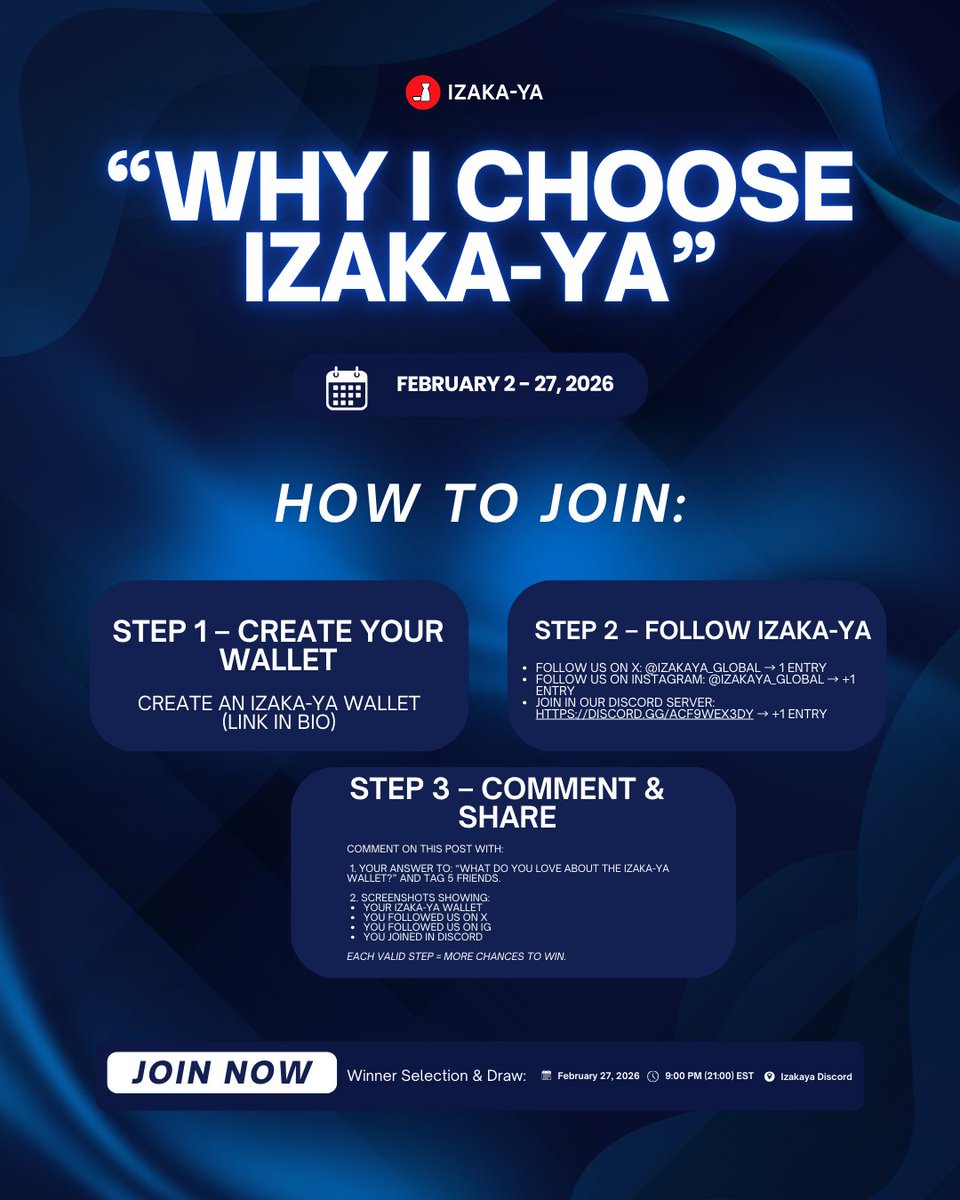 “Why I choose IZAKA-YA”

📅 Feb 2 – 27, 2026

Tell us what you love about the IZAKA-YA Wallet &amp; win $IZKY 👇

🏆 Rewards
🥇 2 winners — $100 worth of $IZKY
🥈 3 winners — $10 worth of $IZKY
🥉 5 winners — $5 worth of $IZKY

How to join:
1️⃣ Create wallet → app.izakaya.tech/register?lang=…