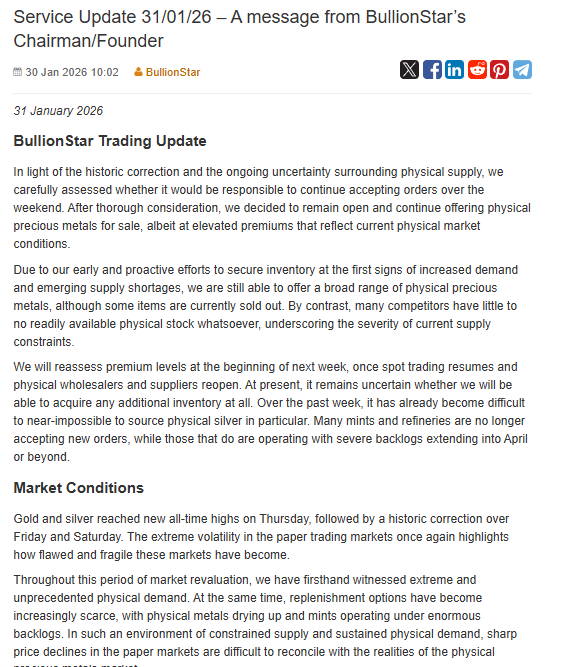 silvertrade's tweet photo. 🔥“OVER THE PAST WEEK IT HAS BECOME DIFFICULT TO NEAR IMPOSSIBLE TO SOURCE PHYSICAL SILVER!”🔥

🚨 “IT REMAINS UNCERTAIN WHETHER WE WILL BE ABLE TO ACQUIRE ANY ADDITIONAL SILVER INVENTORY AT ALL!”🚨

 -Bullionstar Founder Torgny Persson posted a Trading Update for customers Saturday, & it is clear that the PAPER SILVER market is DISLOCATING from the PHYSICAL SILVER MARKET: 

"Throughout this period of market revaluation, we have firsthand witnessed extreme and unprecedented physical demand. At the same time, replenishment options have become increasingly scarce, with physical metals drying up and mints operating under enormous backlogs. 

In such an environment of constrained supply and sustained physical demand, sharp price declines in the paper markets are difficult to reconcile with the realities of the physical precious metals market.”

Person’s Full Note to #Silver  Investors is Below: