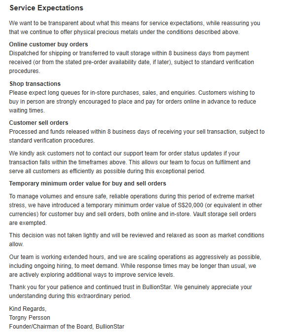 🔥“OVER THE PAST WEEK IT HAS BECOME DIFFICULT TO NEAR IMPOSSIBLE TO SOURCE PHYSICAL SILVER!”🔥

🚨 “IT REMAINS UNCERTAIN WHETHER WE WILL BE ABLE TO ACQUIRE ANY ADDITIONAL SILVER INVENTORY AT ALL!”🚨

 -Bullionstar Founder Torgny Persson posted a Trading Update for customers