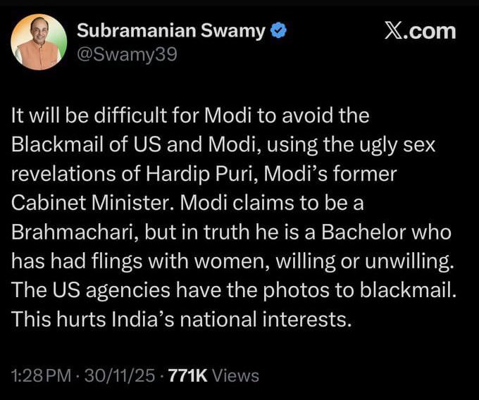 TARUNspeakss's tweet photo. Subramanian Swamy deleted this post but now I wonder, was he right all along?? 
Do USA really have such photos of him??😳

#EpsteinFiles #Epstein https://t.co/qvoqCqzg5D