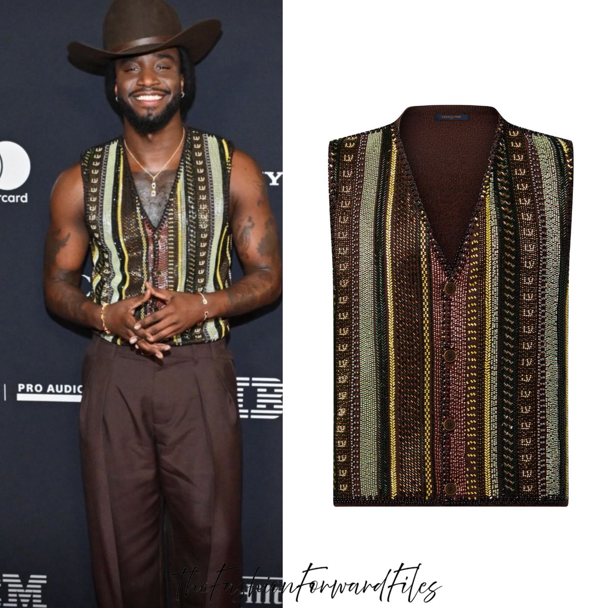 FashFwrdFiles's tweet photo. Shaboozey wears a Louis Vuitton Embellished Sleeveless Vest in a dark brown wool blend with a striped motif of glittering glass beads.
-
#shaboozey #louisvuitton #mensfashion #pregrammy #fashion https://t.co/mWUL7kEpDF