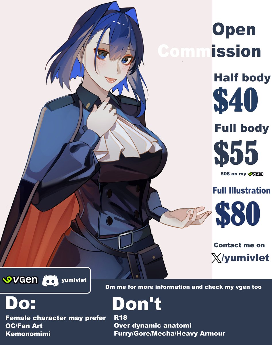 (share, like, retweet are really appreciated)  

COMMISSION OPEN! 📷If you are interested feel free to DM or my Vgen (link on my bio) instead :   

Discord : yumivlet     

More sample on my twitter! Thankyou! #Commission #commissionopen #CommissionSheet #VGenComms
