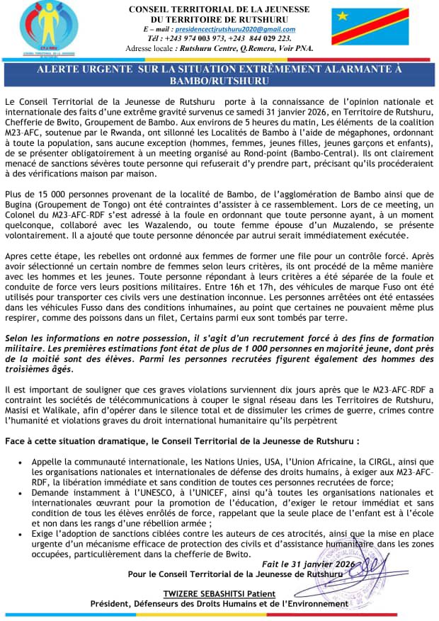 #Rutshuru : plus de 1 000 civils, dont des élèves, emmenés de force à Bambo lors d’une opération du M23-AFC 

Plus de 1 000 civils, en majorité des jeunes et des élèves, ont été emmenés de force ce samedi à Bambo, dans la chefferie de Bwito, lors d’une opération menée par les