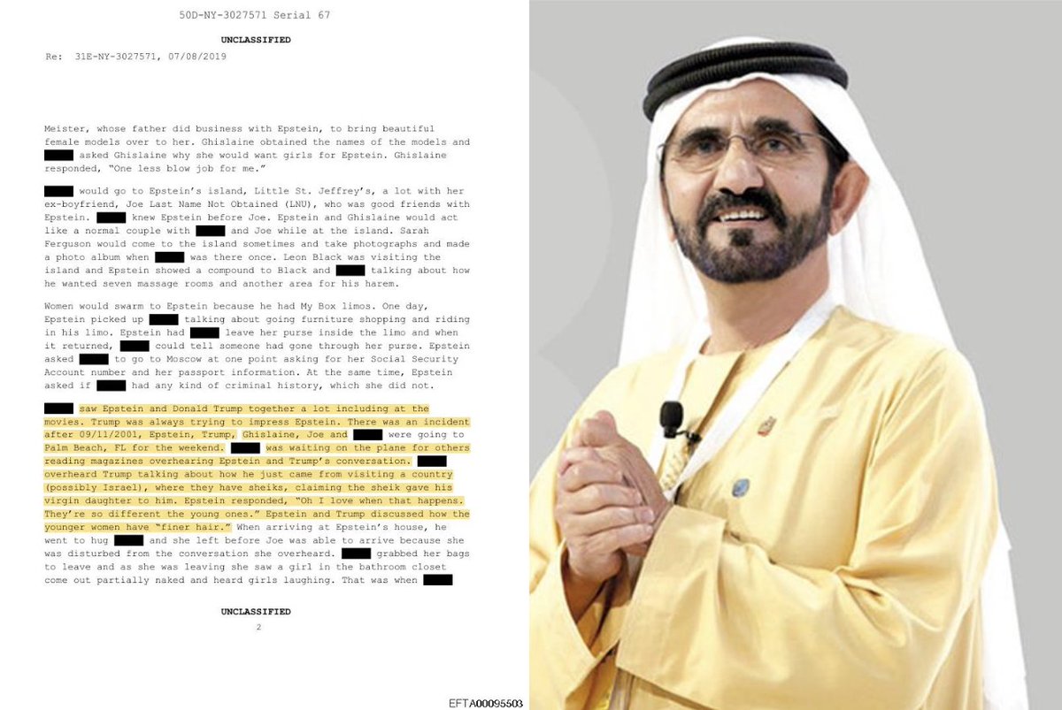 🇺🇸🇦🇪 A sheikh allegedly offered his "virgin daughter" to Trump.

July 8, 2019 - the day of Epstein's arrest - someone called the FBI to report a conversation they overheard on Epstein's plane.
After 9/11/2001, Trump, Epstein, Ghislaine, and others were flying to Palm Beach.

The