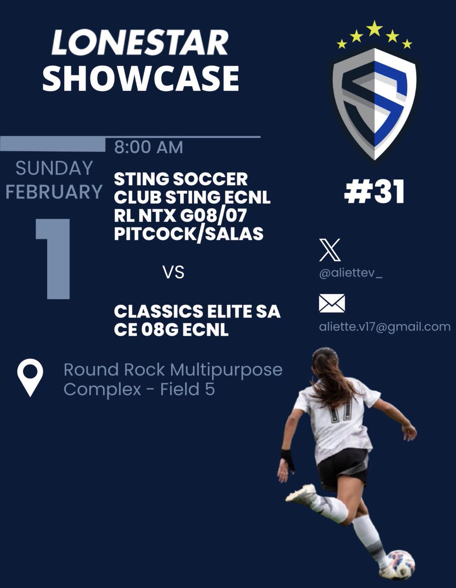 aliettev_'s tweet photo. Early game tomorrow, hope to see you out there for Day 2! #StingSC #LonestarShowcase #RoundRockTX

@USYouthSoccer @TopPreps @ImCollegeSoccer @ImYouthSoccer
@TopDrawerSoccer @TheSoccerWire @PrepSoccerTX @eliteballersisa @SocAddicts @CollegeSoccerID @PrepSoccer @RecruitMatador https://t.co/yHX8EsPSfy