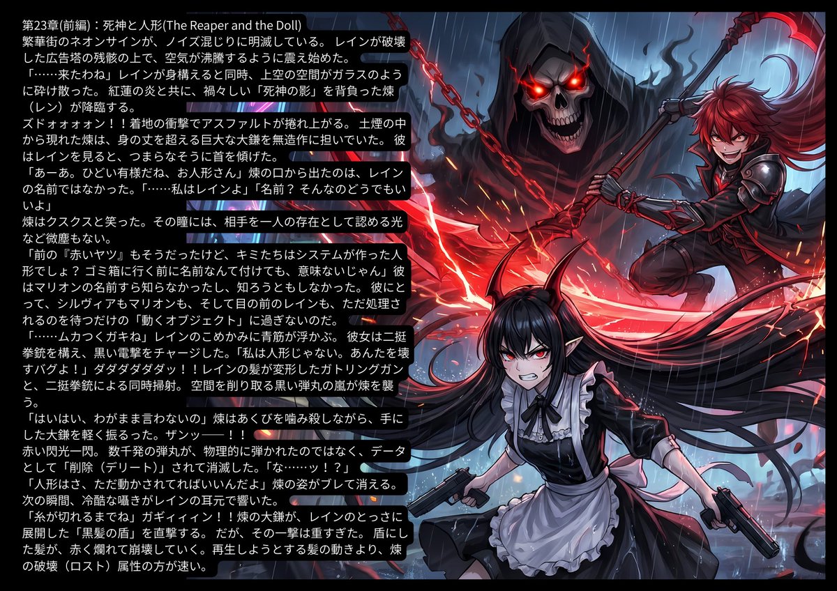 CrossSacri's tweet photo. 【短編小説：新章開幕(22章～26章)】
『Fall down』レイン【反撃開始】神様が許さなくても、悪魔（わたし）が許してあげる。
最強の掃除屋・煉（レン）の前に、レインは敗北した。 だが、ウイルスは死なない。彼女が見つけたのは、地下に廃棄された「かつての英雄」の死体。
禁断のシステム干渉（ネクロマンシー）。 死の淵から蘇った復讐鬼・マリオンと、システムを蝕むレイン。
「さあ、掃除の時間よ」
最凶のバグ・コンビが、神殺しに挑む。
#Cyberpunk #DarkFantasy #ReInfection #オリジナル小説