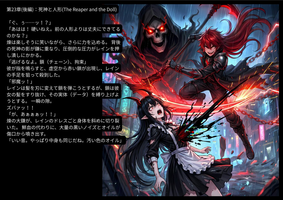 CrossSacri's tweet photo. 【短編小説：新章開幕(22章～26章)】
『Fall down』レイン【反撃開始】神様が許さなくても、悪魔（わたし）が許してあげる。
最強の掃除屋・煉（レン）の前に、レインは敗北した。 だが、ウイルスは死なない。彼女が見つけたのは、地下に廃棄された「かつての英雄」の死体。
禁断のシステム干渉（ネクロマンシー）。 死の淵から蘇った復讐鬼・マリオンと、システムを蝕むレイン。
「さあ、掃除の時間よ」
最凶のバグ・コンビが、神殺しに挑む。
#Cyberpunk #DarkFantasy #ReInfection #オリジナル小説