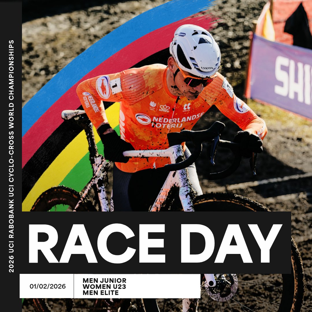 Final day coming up 🌈

Three more races to go at the 2026 Rabobank UCI Cyclo-cross World Championships!

Men Junior 🕧 11:05 CET
Women U23 🕧 13:10 CET
Men Elite 🕧 15:10 CET

#Hulst2026
