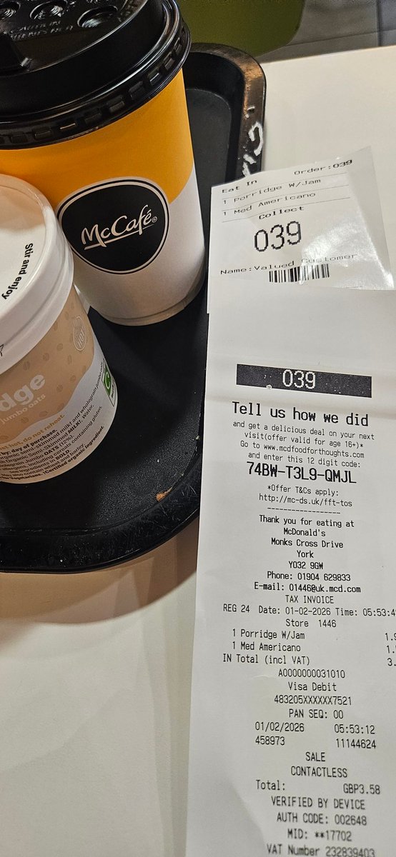 PotterCj's tweet photo. Couldnt make this up....early moning porridge and coffee at maccies...guess what  was on my earbuds? Honestly......gonna be a good day today @OIQFC https://t.co/tYkF1GFhRy