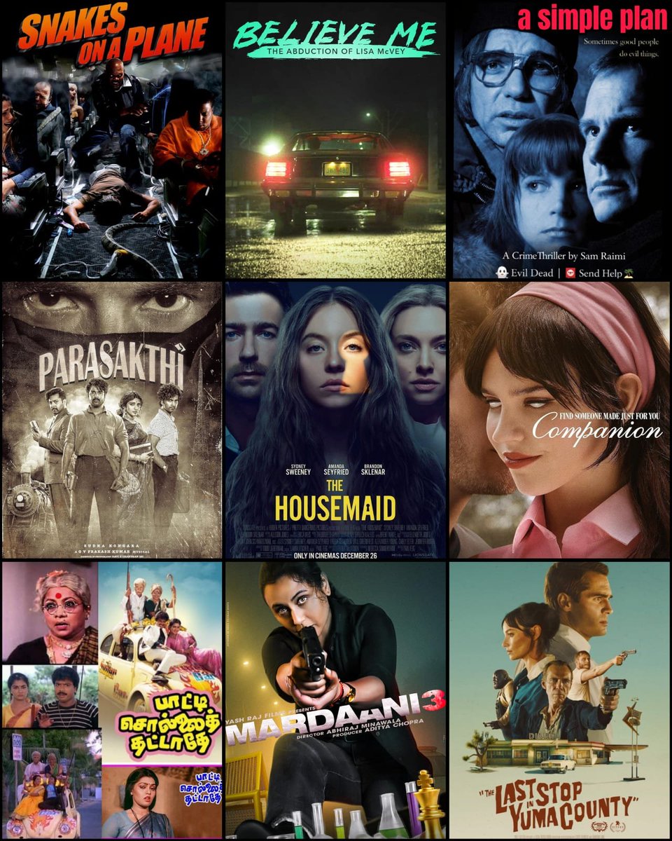 padampishow's tweet photo. 📺 #PadamPiShow – January Movie Recommendations - Final part🙌
42. #TheHousemaid 🔞
🔊 English | 📺 Theater
Must watch psychological erotic thriller
43. #ASimplePlan
🔊 English | 📺 YouTube
Good dark comedy crime thriller
44. #BelieveMeTheAbductionOfLisaMcVey 🔞
🔊 English | 📺 YouTube
Good crime thriller based on a true story
45.#Mardaani3
🔊 Hindi | 📺 Theater
Timepass crime thriller
46. #PaattiSollaiThattathe
🔊 Tamil | 📺 YouTube
Good classic comedy drama
47. #SnakesOnAPlane
🔊 English | 📺 No link
Good snake 🐍 attack movie
48. #TheLastStopInYumaCounty
🔊 English | 📺 Prime
Good crime thriller
49.#Parasakthi
🔊 Tamil | 📺 Theater
Timepass period drama based on true events
50. #Companion 🔞
🔊 English | 📺 JioHotstar
Good dark comedy Sci-Fi
சுபம் 🙏