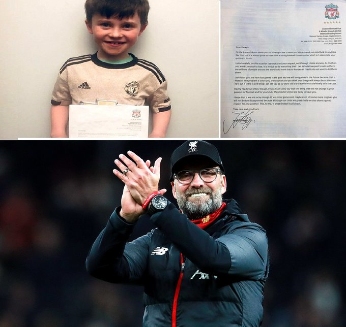 In 2020, a 10-year-old Manchester United fan wrote a letter to Jürgen Klopp asking him to stop winning every game: "Liverpool are winning too many games and you will soon break the unbeaten record. Supporting Manchester United makes me sad. So the next time Liverpool play, make