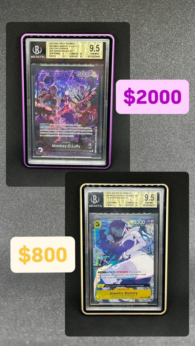 startpointcards's tweet photo. @NewAgeCardKings Some bigger OPTCG slabs for sale! 

Open to offers, each price includes shipping w/ insurance and comes with guard! Optional free stand w/ purchase too! 

Reply w/ the slab you’re interested in to claim 😄 https://t.co/yiZnH3TsrH