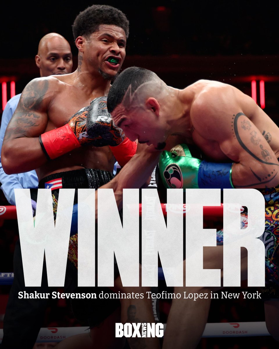 BoxingNewsED's tweet photo. Shakur Stevenson outclasses Teofimo Lopez to claim a wide unanimous decision win in New York. 

Scores: 119-109 (x3)

#TeofimoShakur https://t.co/1bOQ0ye7mC
