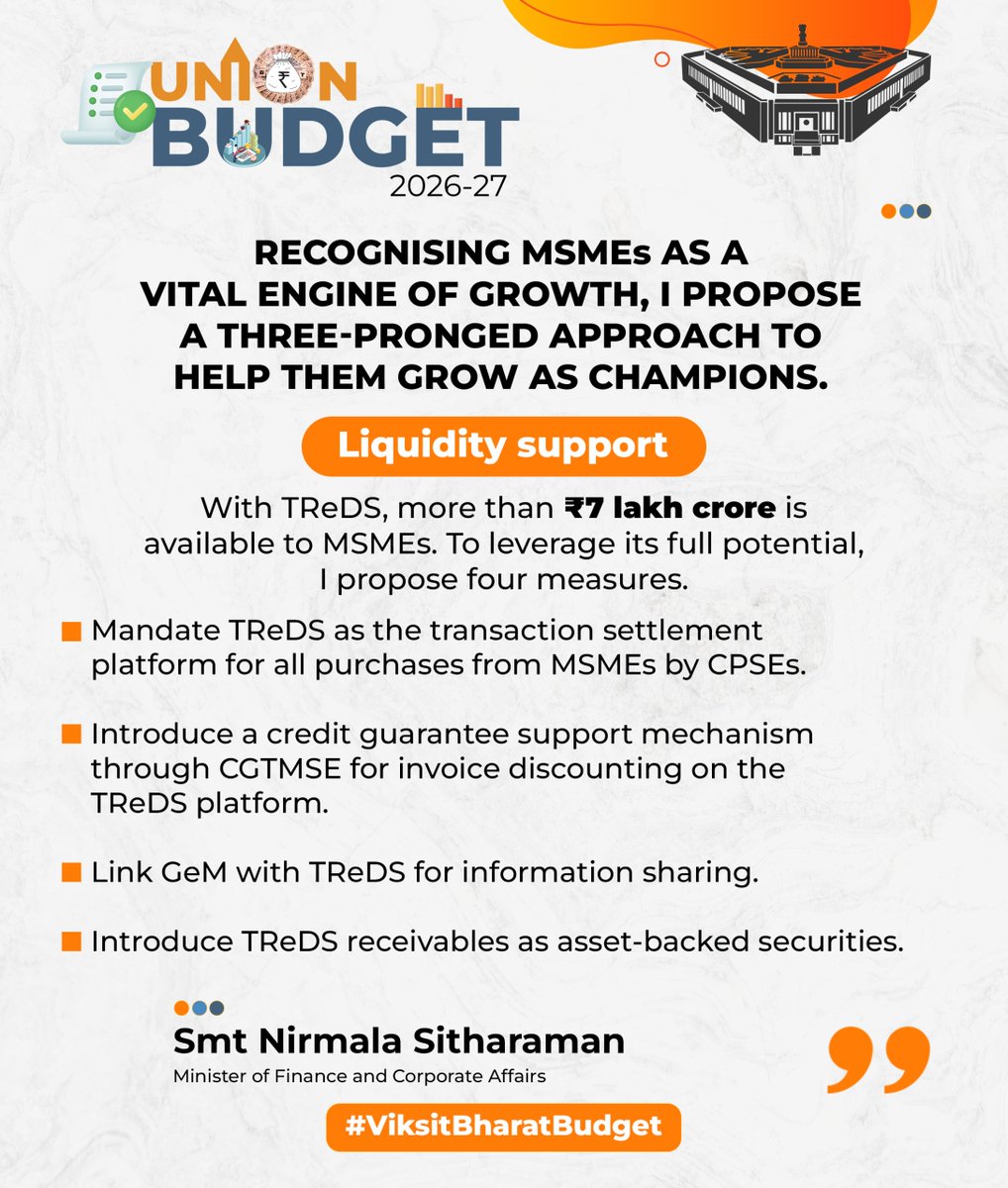 BJP4India's tweet photo. Recognising MSMEs as a vital engine of growth, I propose a three pronged approach to help them grow as champions.

- FM Smt. @nsitharaman

#ViksitBharatBudget 👇 https://t.co/AQHiDNRvXm