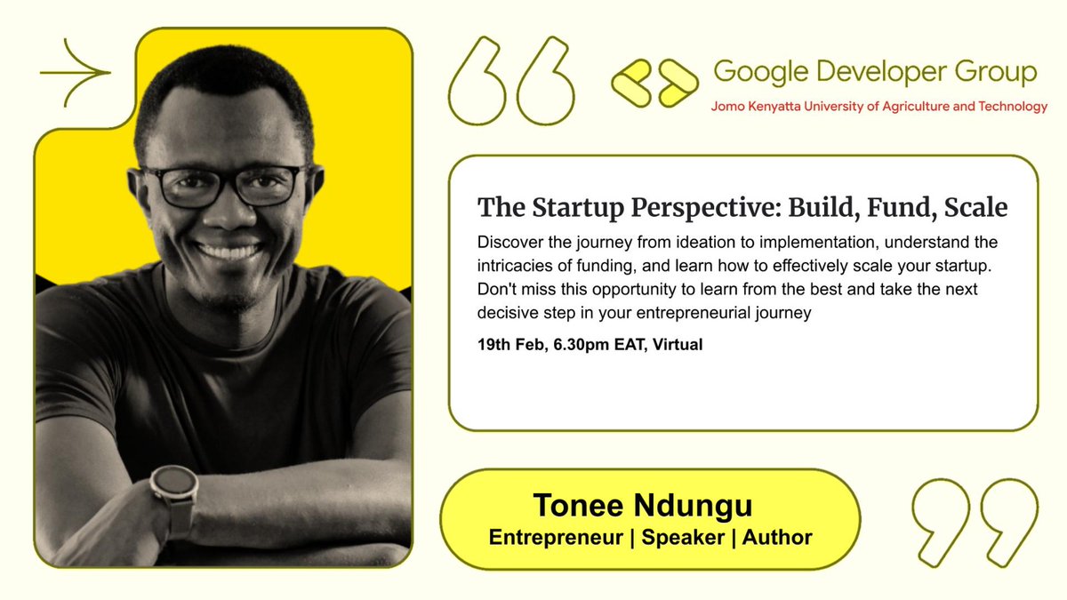 PaulMwangii's tweet image. Epic incoming! @gdgcampusJKUAT  hosts @ToneeNdungu , founder of Kytabu &amp;amp; @tribbenation , Eisenhower Fellow, and podcast host of My African Startup Story. Spill on building, funding &amp;amp; scaling tech in Africa!
🗓️ Feb 19, 6:30pm Ready to ignite? 
RSVP : gdg.community.dev/j/a3punqjyj54w…