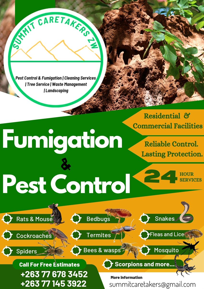 SummitCaretaker's tweet photo. Protect your space from unwanted pests. 🛡️
Reliable fumigation &amp; pest control for homes and businesses.
📞 Call us for a FREE estimate
#PestControlZW #Fumigation #CleanSpaces https://t.co/LTmytpr8Zw