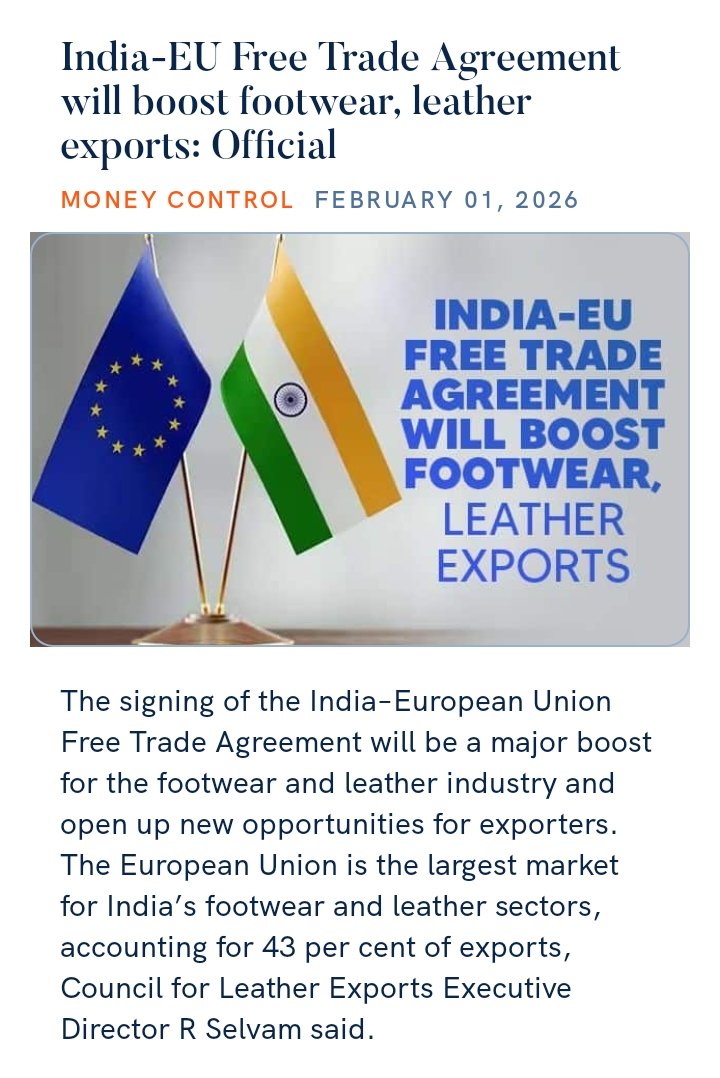 India-EU Free Trade Agreement will boost footwear, leather exports: Official
moneycontrol.com/news/business/…

via NaMo App