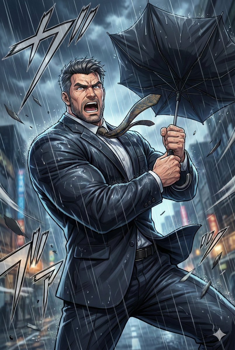 Even struggling in the storm, that determination in his eyes is incredibly attractive. Hang in there, Daddy. 🌧️❤️
為了生活，西裝大叔也得在風雨中拼命啊！

#AIart #SuitDaddy