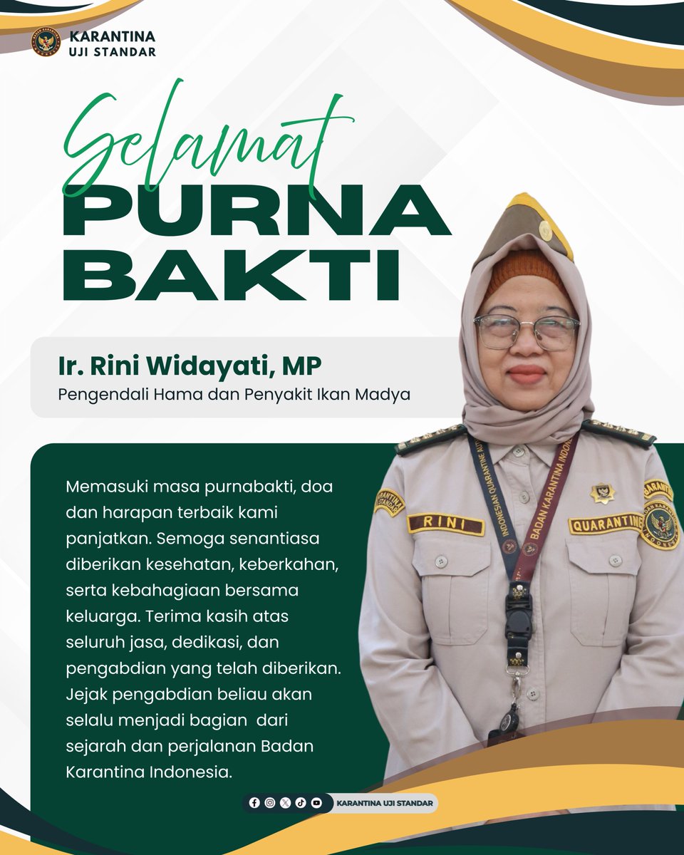 Selamat dan sukses memasuki masa purnabakti kepada Ir. Rini Widayati, MP.

Terima kasih atas seluruh jasa, dedikasi, dan pengabdian yang telah diberikan. Jejak pengabdian beliau akan selalu menjadi bagian dari sejarah dan perjalanan Badan Karantina Indonesia

#KarantinaUjiStandar