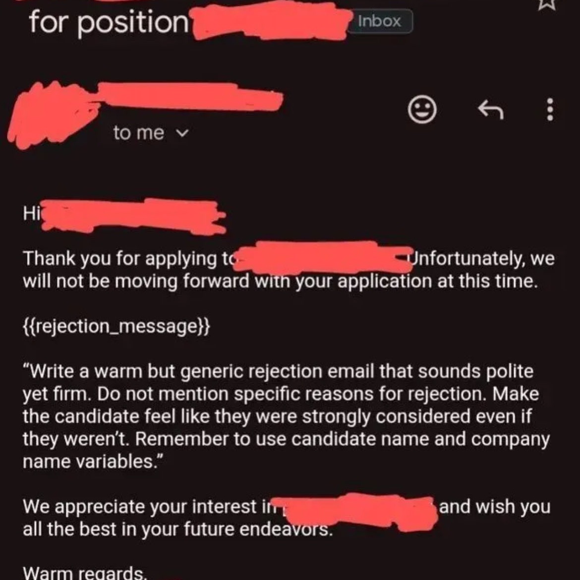 Most honest rejection mail ever.