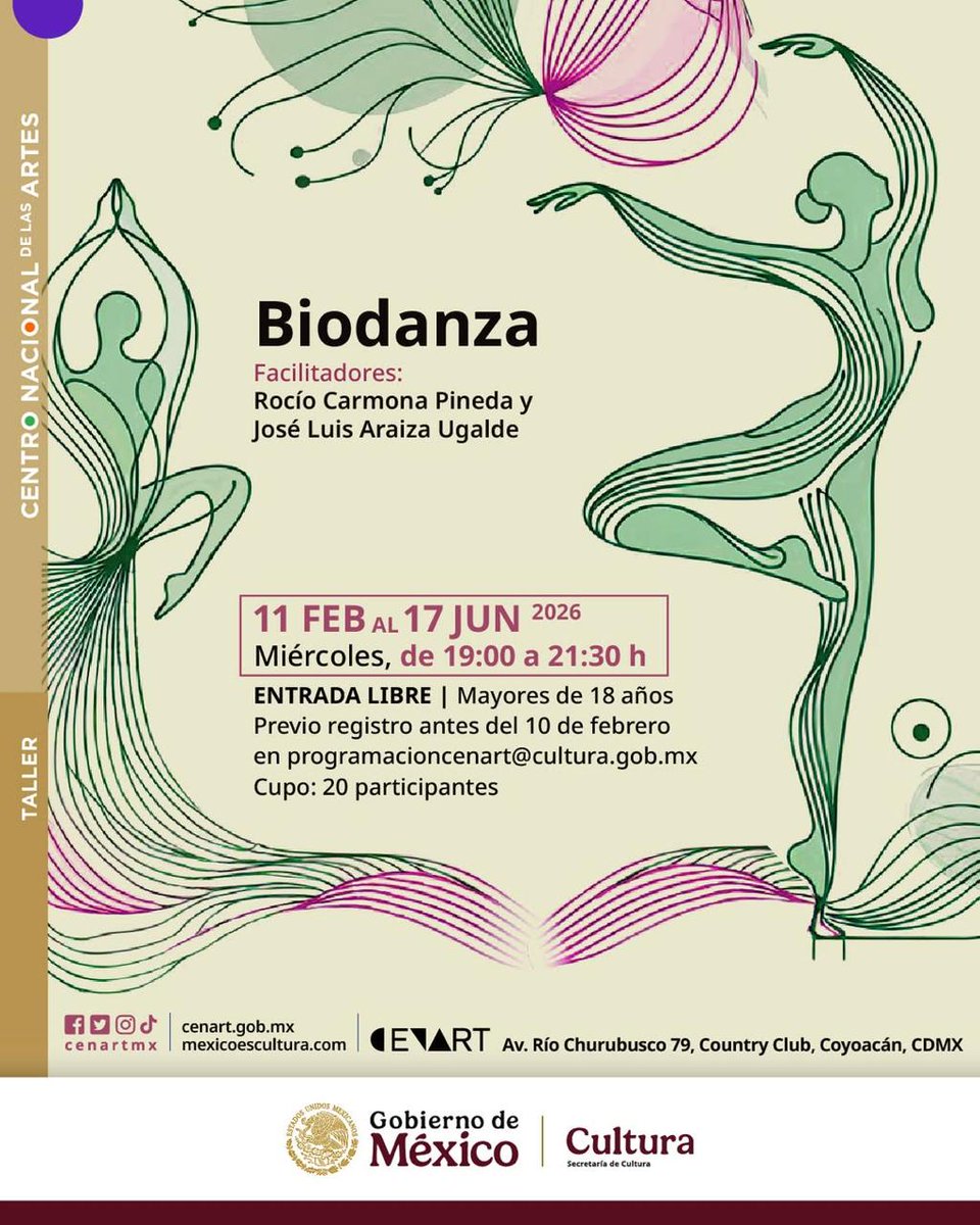 Biodanza | Taller
Espacio corporal dirigido a mujeres para moverse con música y conectar en grupo.
📍 CENART
🗓 Feb–Jun 2026
Entrada libre · registro previo
#MorrasEnConcierto