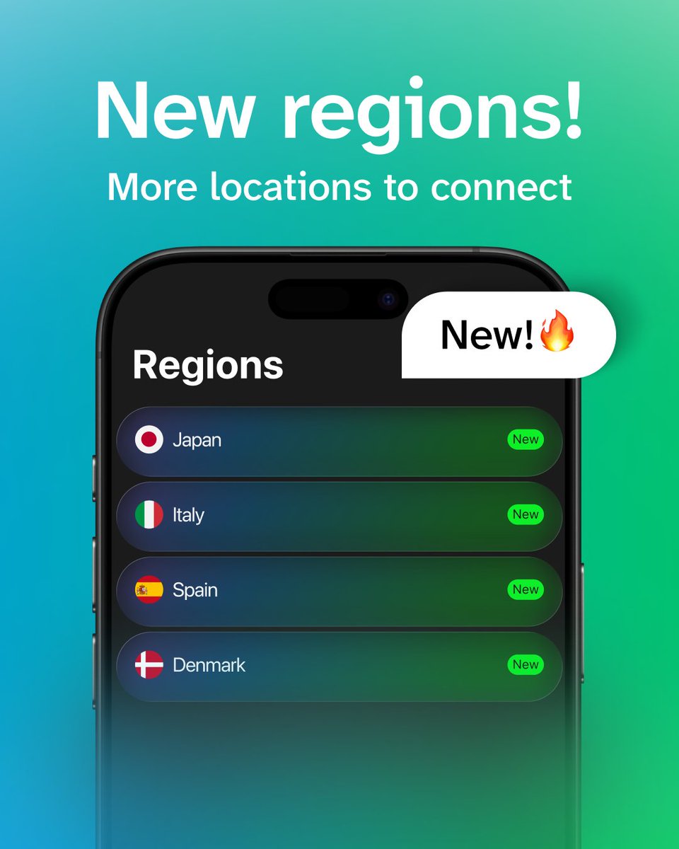 toggle_VPN's tweet photo. Working day and night to improve our VPN and make it more versatile.

New regions are available:
- Japan
- Italy
- Spain
- Denmark

#VPN #CyberSecurity #privacy https://t.co/0dYywCBPei