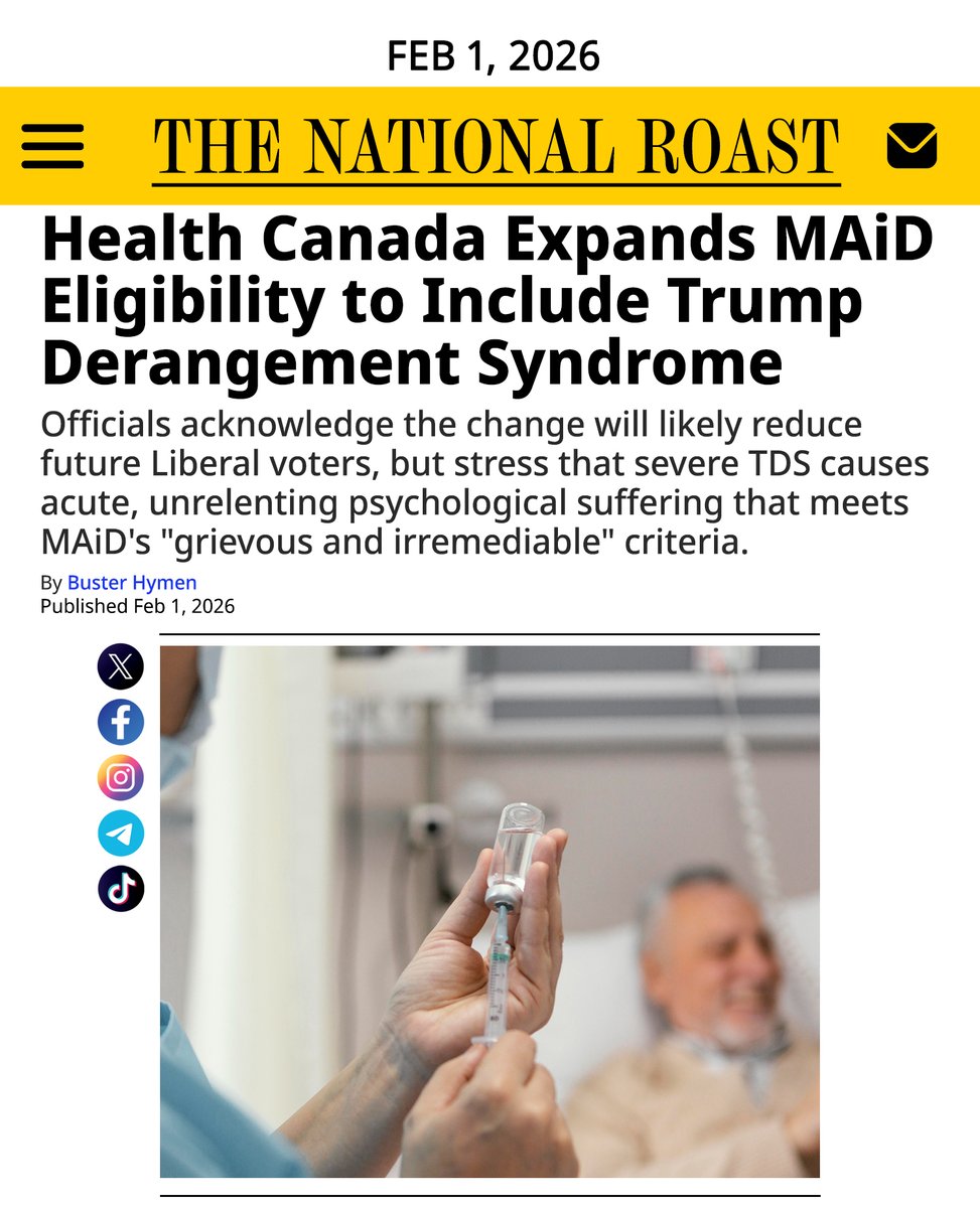 NationalRoast's tweet image. BREAKING: Health Canada expands MAiD eligibility to include acute cases of Trump Derangement Syndrome (TDS).