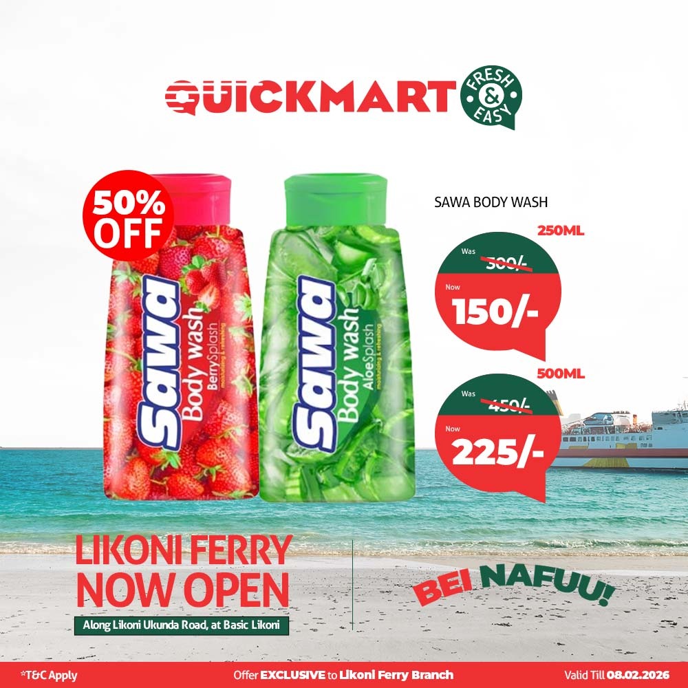 Everlynyn254's tweet image. Sawa Body Wash 250ml is a great choice for those who want a quality product at a very low price. At 150 shillings it is very affordable for everyone. Visit the new branch on Likoni Ukunda Road to take advantage of these prices #QuickmartLikoniFerry #FreshAndEasy