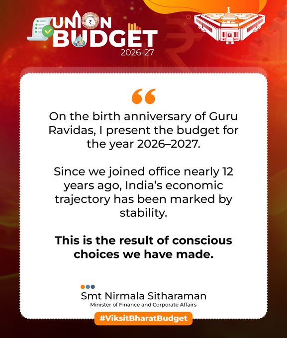 BJP4Chandigarh's tweet photo. On the birth anniversary of Guru Ravidas, I present the budget for the year 2026–2027. 

Since we joined office nearly 12 years ago, India’s economic trajectory has been marked by stability.

This is the result of conscious choices we have made.

- FM Smt. 
@nsitharaman

#ViksitBharatBudget
#Chandigarh