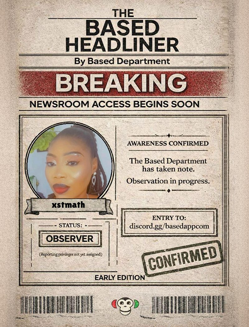 xstmath's tweet image. Just printed my exclusive Based Headliner!

now i get to be early to the era of internet opinion markets.

head to discord to grab yours ASAP, this is your chance to be early → discord.gg/q4Pr7jYVpq