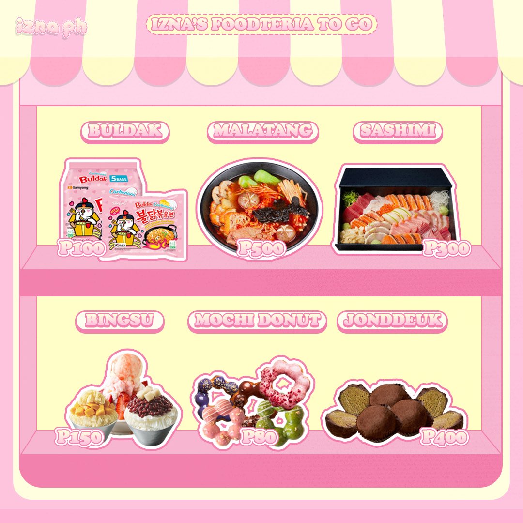 IZNAPH's tweet photo. [💵] 260201 FUNDING

We are opening IZNA’S FOODERIA TO GO! 🥳

As early as now, we aim to save up for IZNA’s upcoming comeback. You may help by “purchasing” some of their favorite food. We aim to sell out as soon as possible!

Order form: https://t.co/fI7JefXiu5

MENU (₱/$)

- Dubai choco = 400 ($6.76), 6 boxes = 2,400 ($40.53)
- buldak 100 ($1.69), 10 pack = 1000 ($16.89)
- malatang 500 (x5) = 2,500 ($42.22)
- sashimi box = 300 ($8.44), 5 boxes = 1,800 ($30.40)
- bingsu 150 ($2.53) (x10) = 1,500 ($25.33)
- mochi donut 80 ($1.35)(x10) =800 ($13.51)

=10,000/$168.88

We will be updating you on which items are sold already from time-to-time. 

Remember to only use these QRs when donating! 

As always, we’re grateful for your trust and generosity, as well as for your support to our team and to IZNA. 

#izna #이즈나
@izna_offcl @izna_offcl_jp