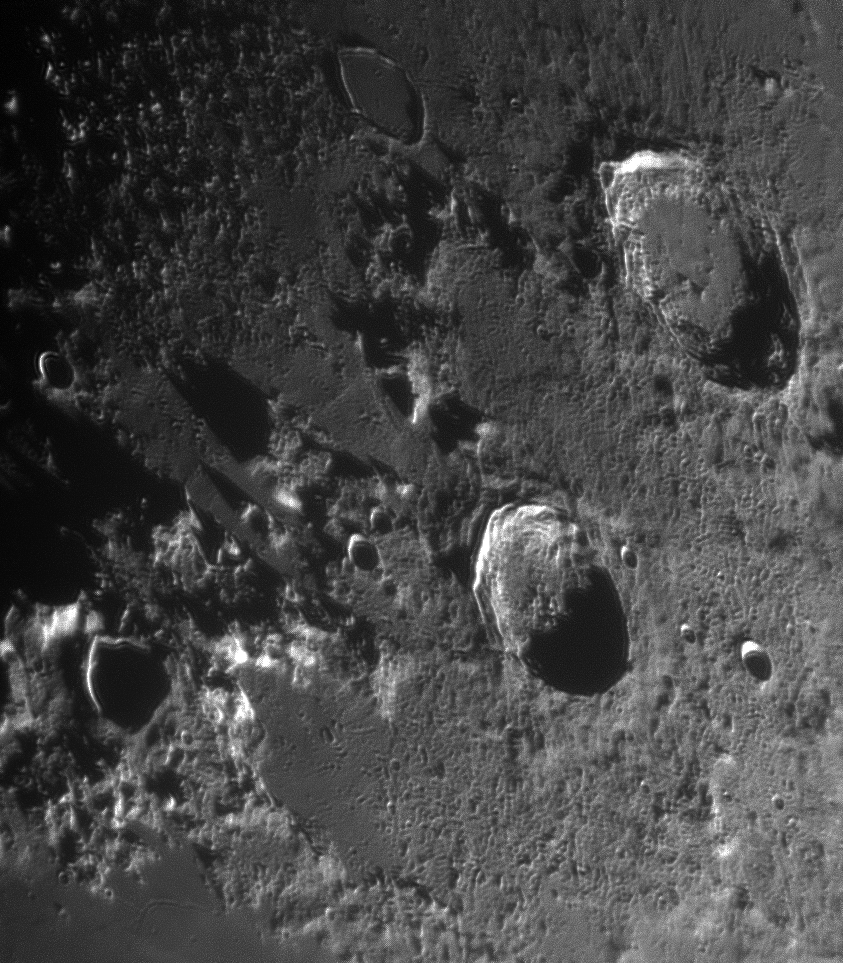 Another hires image of the Moon from the other night, part of MontesCaucasus mountain peaks casting long shadows at the bottom, Eudoxus and larger Aristoteles above and the lava flooded rim of Egede at the top. Numerous craterlets due to the excellent seeing conditions