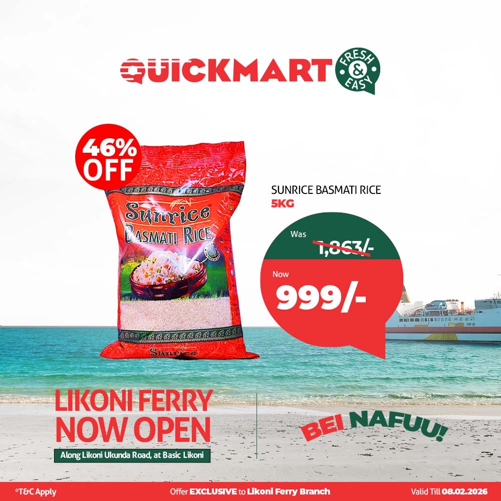 Everlynyn254's tweet image. Residents of Likoni can now enjoy massive savings at the newly opened Quickmart branch located along Likoni Ukunda Road at Basic Likoni. The store offers amazing deals like Sunrice Basmati Rice 5kg for only 999 shillings today. #QuickmartLikoniFerry #FreshAndEasy