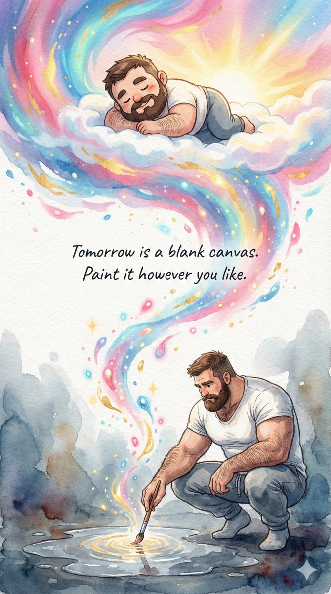 "Tomorrow is a blank canvas." 🖌️ 
So create a masterpiece that makes you happy. 
Sweet dreams, guys. 🌈🐻

#AIart #selfcare #PositiveVibes