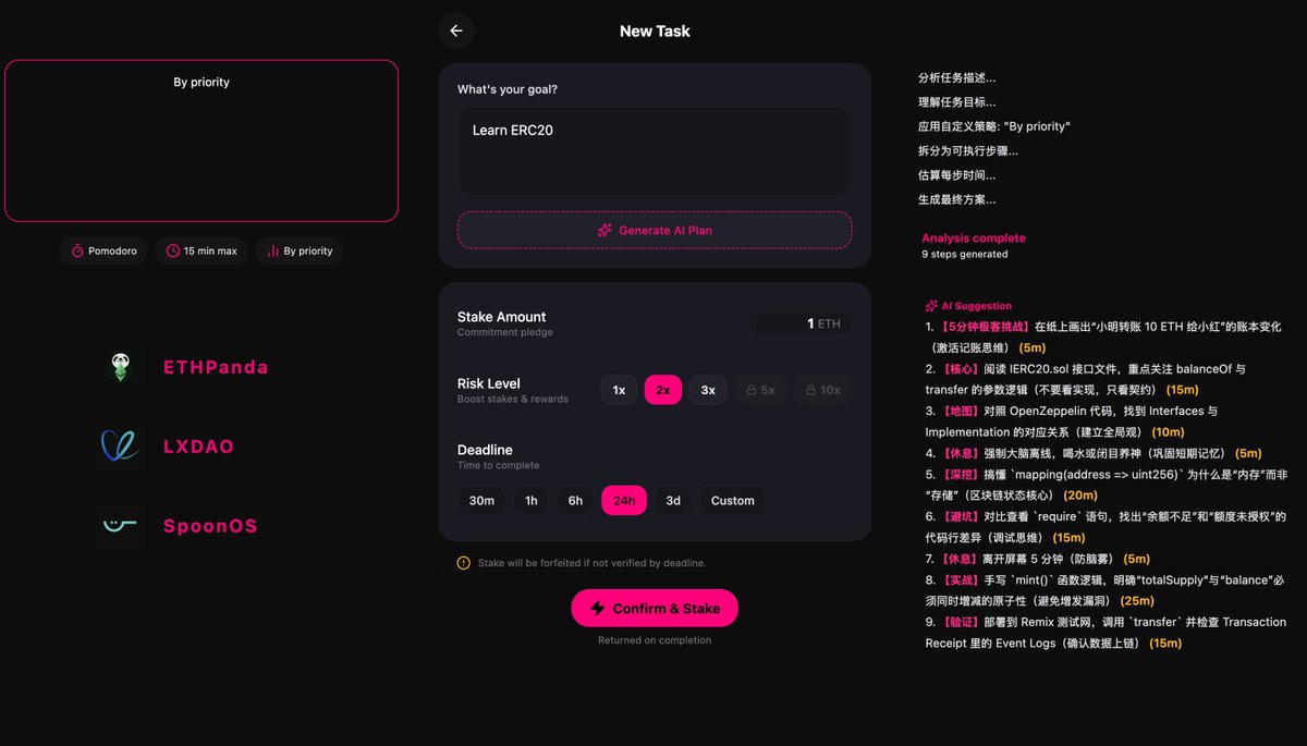 0x_XiaoBaiAI's tweet photo. 我做了一款叫时间赌徒的产品Demo-----Time Gambler

我其实很早之前就有一个类似的想法，当时想单纯做一个任务管理产品。因为很多时候，任务或事情本身是非常抽象且模糊的。比如大家制定的新年计划通常都很宏大，理想很美好，现实很骨感，人的行动与最终目标之间存在巨大的鸿沟。

绝大多数人面临的第一重难关就是“行动障碍”：面对模糊而宏大的理想，因为目标太大，很难落实到每周、每天的具体行动上。所以我当时想做一个工具，通过 AI 帮助大家把抽象的事物拆解成具体、可行、微小的操作步骤。

正好趁着这次 ETHPanda 和 LXDAO 老师举办的 Hackathon，我找了几个同学把这个想法实现了出来。在这个过程中，团队伙伴们提了很多宝贵建议，不断完善了我的想法，甚至拓展出了很多我没想到的新方向。

这整个项目基本上源于我个人的想法，但小伙伴们非常支持我，大家一起出谋划策。在启动项目之前，我也跟 AI 聊了很久，把业务逻辑和商业逻辑做了一个闭环。

从一开始，我的想法比较理想化。因为我本身可能是一名 ADHD 患者，在学习时经常注意力分散，深受拖延症困扰。我就在想，如果我有这种烦恼，其他人是不是也会有？我希望能找到一种具有强制性的、管制类的产品或工具，利用外力促使自己成长、学习和进步。

这个产品非常垂直，因为它并不适用于大多数人。我之前听过一句话：不是每个人都想着要进步的。我不能因为自己想成长、想赚钱，就认为全世界的人都跟我有一样的想法，这是我之前狭隘的地方。每个人都有自己的生活节奏和看法。

所以我在 README 里面也写了，这个产品非常垂直，不适用于 99% 的人，只适用于那 1% 想要拥有极度执行力、魔鬼般执行力的人，我们不讨好所有人。这是我们的目标用户，因为它的逻辑确实比较强制，甚至有些“反人性”。

目前 Demo 已经做出来了，但还有一些技术难题没有克服。如果这个产品继续做下去，我一定要想办法解决这些问题。我觉得最终的“生死线”在于审核环节：如何又快又准地审核用户提交的结果？

我希望它能像 ZK（零知识证明）一样，我不去关注过程是怎样的、过程是不是“黑盒”，我只关注结果。只要结果是对的，我就认为用户完成了这件事情。

这个东西确实缺少一个中间层，类似于预言机（Oracle）那样的角色。但其实如果有了中间层去获取数据，这些数据在 Web2 领域本身就是大厂的护城河；而且对于我们来说，还牵扯到用户隐私安全的问题。这两点之间很难做好平衡。由于我的产品经验有限，可能还需要请教一些专业人才，对我的产品提一些宝贵的建议。

今晚才是 Demo Day，产品还没有正式推向市场，甚至在我们内部都还没完全推开。我不知道市场的反响会是什么样子，大家到底买不买单，或者这个东西对大家是否有足够的吸引力。

虽然这对我个人来说是一个痛点，但对大众而言可能并非如此。并不是每个人都想折磨自己，用这种极端的方式来促进成长。很多人可能更喜欢在轻松的环境下慢慢学习、进步，他们并不着急。所以这个产品目前更多是我个人想法的一个具体展现。

最后还是要看市场能不能给一点反响：
1. 如果反馈积极，我做下去的动力会更大。
2. 毕竟这是我从头到尾完成的第一个自己认为还不错的产品，确实是一次宝贵的经历。

今晚 Demo Day 因为时间有限，很多细节可能说不清楚，但我也想借此机会看看评委们对这个项目的看法，然后再规划下一步路线。

如果大家在 Twitter 上看到我发的这个项目并感兴趣，或者有很多人希望我继续做下去，我可能会坚持做下去。因为这种项目确实需要一些第三方的动力或激励，比如“被他人需要”的感觉。

希望今晚的 Demo Day 能顺利进行，只要能把项目整体介绍出去，我就觉得已经很 OK 了。

非常感谢 @ETHPanda_Org 、 @LXDAO_Official 组织的这次宝贵的活动，也非常感谢 @SpoonOS_ai 对活动的大力支持！！！

如果你也想来系统化的学习与了解Web3和区块链的知识，欢迎来和我一起共学，我在参加@ETHPanda_Org 、 @LXDAO_Official 一起共同组织的 @web3careerbuild ,一次非常有意义的活动！

今天是冬季实习计划第21天.....

#ETHPanda #LXDAO #黑客松Demo #Web3Bootcamp #VibeCodeing