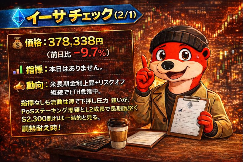 Issan00's tweet photo. 🔷イーサ チェック（2/1)）
💰価格: 378,338円（前日比 -9.7%）
 📊指標: 本日はありません。 
📢動向: 米長期金利上昇＋リスクオフ継続でETH急落中。
指標なしも流動性薄で下押し圧力強いが、PoSステーキング需要とL2成長で長期底堅く$2,300割れは一時的と見る。
調整耐え時！ https://t.co/X3q3f9Hr2X
