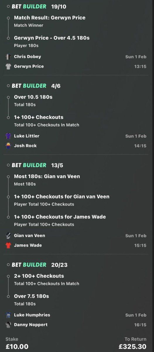 EliteDartsTips's tweet photo. My bet builder for today’s quarter final games 🎯 

£10 returns over £320 👀 

#PDC #Darts #BettingTwitter https://t.co/RxP3SFBj2C
