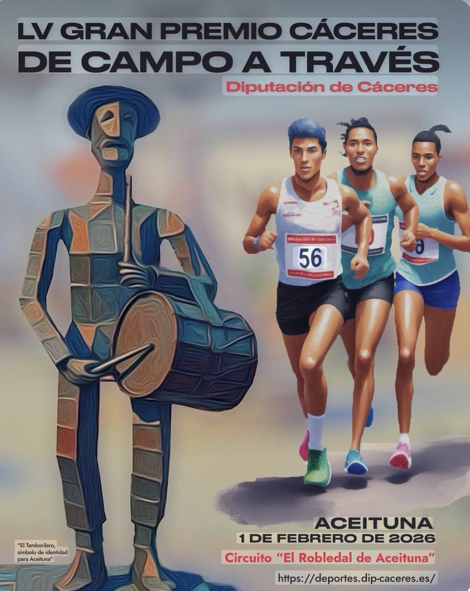 Un año más y van más de tres décadas, nuestro club estará presente en la gran fiesta del Campo a Través extremeño que supone el Gran Premio <a href="/DiputacionCC/">DiputacionCC</a> de Campo a Través que en esta edición se celebra en Aceituna. Suerte a todos los atletas <a href="/FedExtAtletismo/">Fed. Ext. Atletismo</a> <a href="/jovendeportEXT/">Jóvenes y Deportes Extremadura</a>