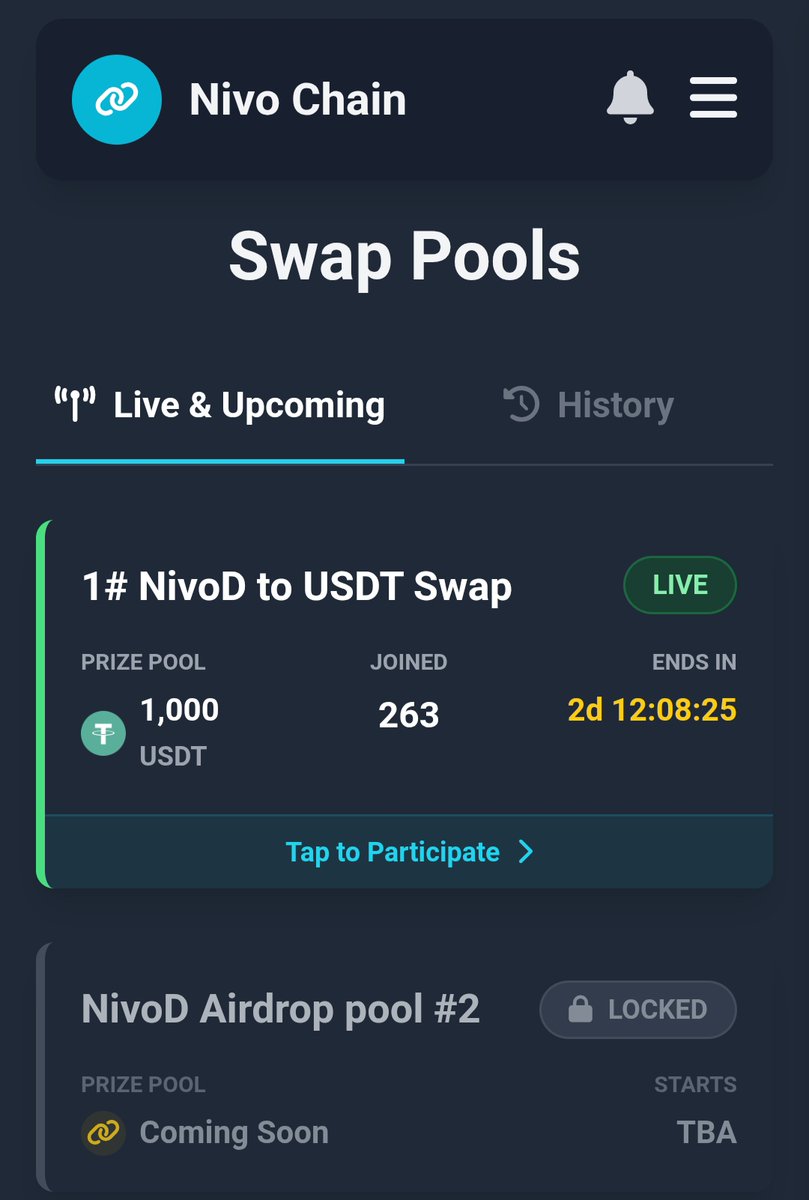 🎉𝗡𝗶𝘃𝗼𝗗 𝘁𝗼 𝗨𝗦𝗗𝗧 𝘀𝘄𝗮𝗽 𝗽𝗼𝗼𝗹 𝗟𝗶𝘃𝗲🎉

The NivoD to 𝗨𝗦𝗗𝗧 swap pool is now live.

𝗡𝗶𝘃𝗼𝗗 coin holders can deposit their coins to receive their share of 𝗨𝗦𝗗𝗧.

𝗨𝗦𝗗𝗧 distribution will take place after the pool ends, and withdrawals will be available