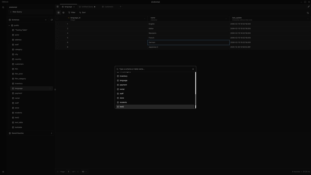 dbdesk's tweet photo. quick panel to easily navigate your database

open tables, disconnect, toggle theme, switch database all at your favorite IDE command: Ctrl/Cmd+P https://t.co/kw0Ws8psDX