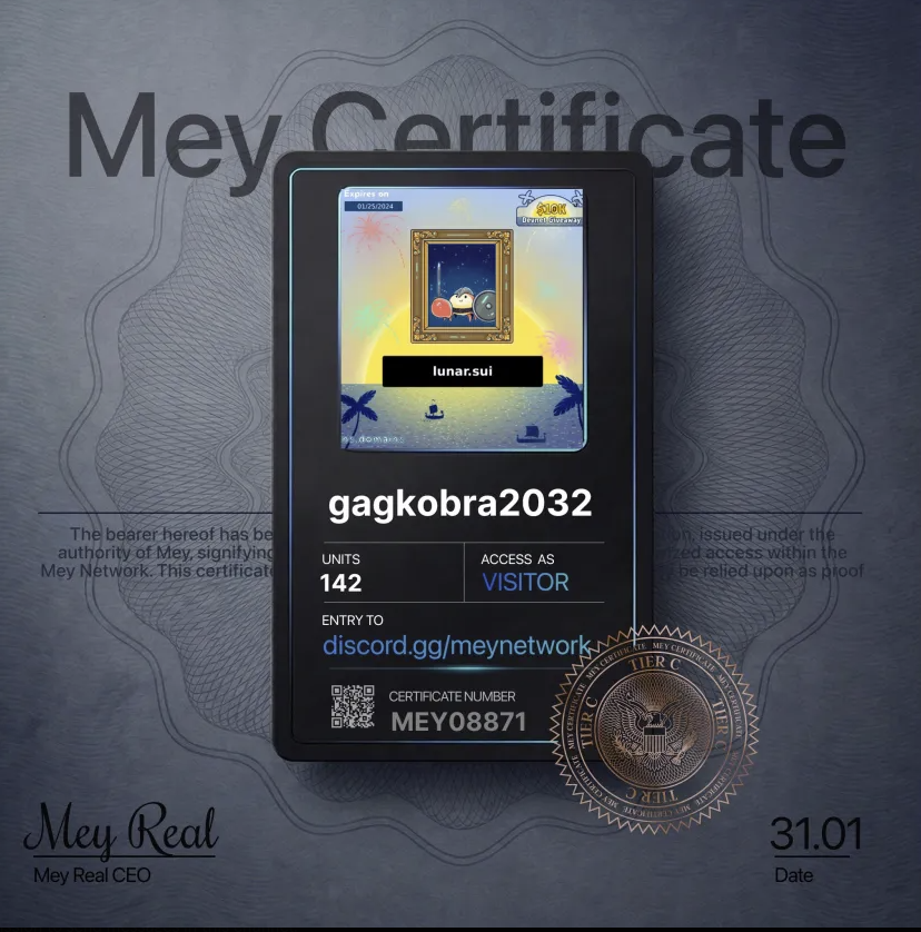 kobragang3's tweet photo. Entered MEY HQ with my **MEY Certificate** today.

Feels like one of those "early" moments.
Tier C • Units Allocated: 142 Units
What tier did you get?

@mey_network → https://t.co/dprFjYTMVD https://t.co/cwQYrt2PSL